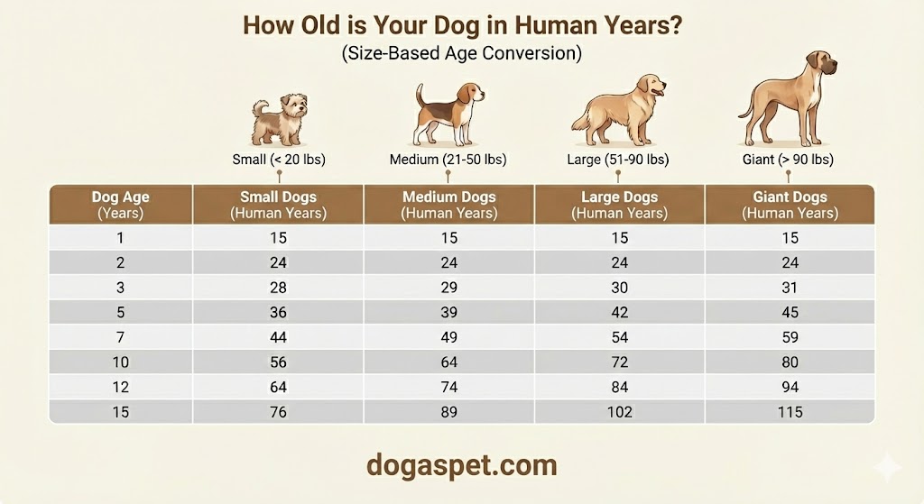 Dog age to human years conversion chart showing how small, medium, large, and giant dogs age at different rates. Small dogs age slowest while giant breeds age fastest.